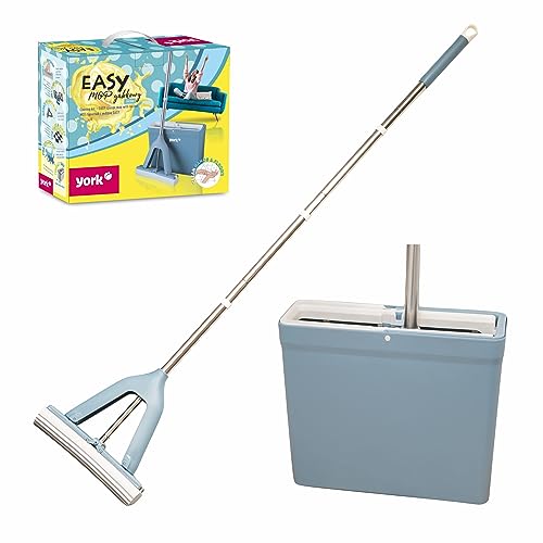 YORK Wischmopp Bodenwischer Easy mit Saugstarker PVA Schwamm 34cm|Bodenwischen Ohne Nasse, Dreckige Hände zu Bekommen|Wischmopp Set mit Eimer, Teleskopstiel|130cm, Blau, 34x12,5x29,5cm, 4072060-002269 von York