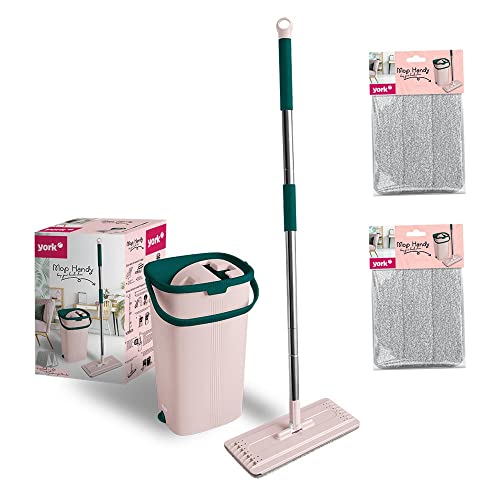 York Flachmopp Handy mit Stiel und Eimer | aus Mikrofaser | saugfähig | für Bodenreinigung | ohne Wasserflecke | Rosa-grün | 2 Extra-Kartuschen | Eimer Kapazität: 6 Liter | Länge des Griffs: 120 cm… von York