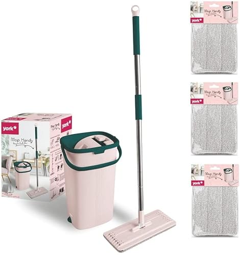 York Bodenwischer Mop Set Handy | Flach, Schwenkbar mit Zwei Kammer Putzeimer | Wischmopp mit Auswringfunktion | Nass-Trocken Reinigungs | Für alle Böden Geeignet | 3 Extra-Kartuschen von York