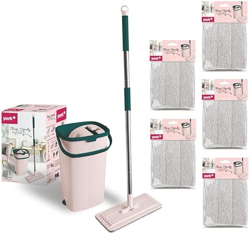 York Bodenwischer Mop Set Handy | Flach, Schwenkbar mit Zwei Kammer Putzeimer | Wischmopp mit Auswringfunktion | Nass-Trocken Reinigungs | Für alle Böden Geeignet | 5 Extra-Kartuschen York Bodenwischer Mop Set Handy | Flach, Schwenkbar mit Zwei Kammer Putzeimer | Wischmopp mit Auswringfunktion | Nass-Trocken Reinigungs | Für alle Böden Geeignet | 5 Extra-Kartuschen von York