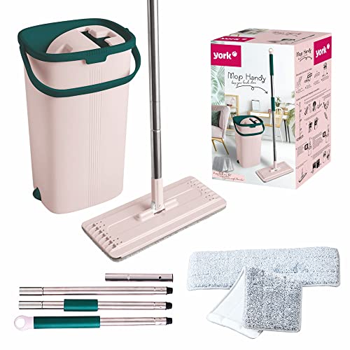 York Flachmopp Handy | Wischmopp Set mit Eimer Zweikammer | Innovativ Automatisches Auspresssystem | Eimer Kapazität 6 Liter Moppabmessungen 31x12cm Klappbarer Griff Länge 120cm | Rosa-Grün… von York