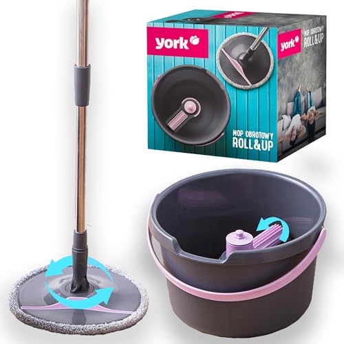 YORK ROLL&UP Wischmopp mit Eimer Teleskopstiel Innovative Auswringfunktion Klappplatte Wischbezug Mit Klett Putzset Reinigen Sie Jeden Winkel Ihrer Wohnung Grau und Rosa, 4072830-001831 von York