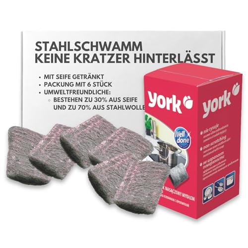 York Stahlschwamm gegen hartnäckige Verschmutzungen, Hochleistungs-Scheuerschwamm, Topfkratzer für Küche, Spüle, Schale, Grill, Schwamm mit Seife, Extra-fein, Edelstahlwolle, 6 Stück (1er Pack) von York