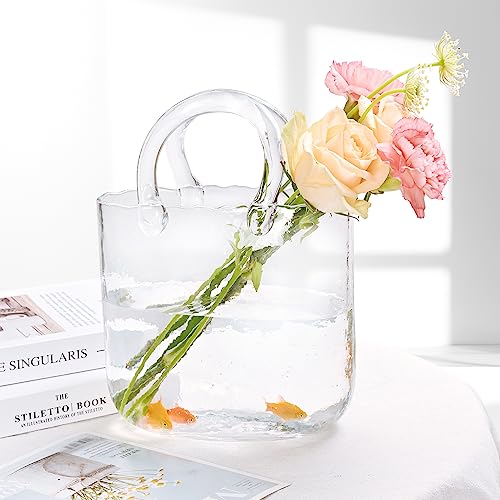 Yorkmills Glasvase für Blumen, Frühlingsdekoration, klare Vase für Tafelaufsätze, Handtaschen-Glasvase für Blumen, Tischaufsätze für Esszimmer, kleine Glas-Fischschale, Blumenvase, moderne von Yorkmills