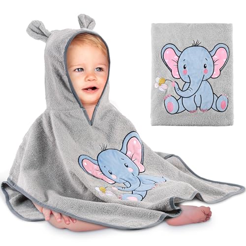 Yosemy Kapuzenhandtuch Baby Handtuch Kapuze 100% Baumwolle badeponcho Kinder- Oeko TEX - Babyhandtuch mit Kapuze Weich & Super Saugfähig 0-3 Jahre-Elefanten von Yosemy