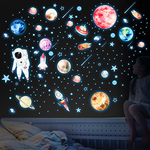 Yosemy Wandsticker Leuchtaufkleber Sticker Astronaut Planet Leuchtsterne Leuchtsticker Wandtattoo Leuchtend Sterne Fluoreszierend Wandaufkleber Aufkleber Für Kinderzimmer Dekorative Aufkleber Blau von Yosemy