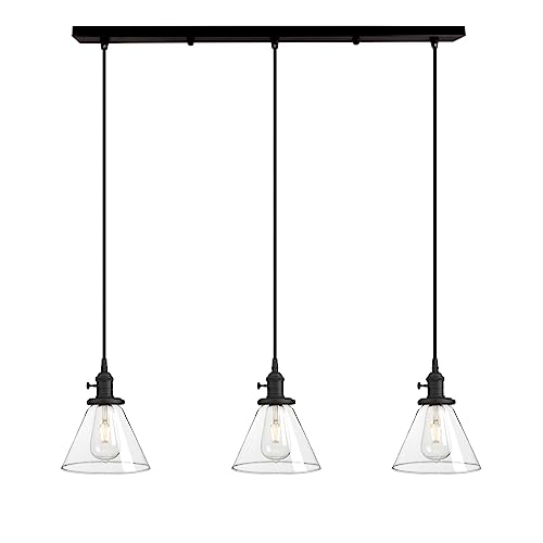 Yosoan Industrial Loft Bar Glas 3-Licht Armaturen Deckenleuchten Kronleuchter, Kücheninsel Hängelampe Befestigung für Wohnzimmer Esszimmer Schlafzimmer (Schwarz) von Yosoan