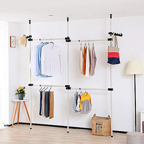 Yosoo Health Gear Garderobe System, Teleskop Kleiderstange Regal, Teleskopstange Garderobensystem Kleiderstangen Kleiderständer DIY Garderobenständer, 3 Stangen 4 Stangen Verstellbar für Schlafzimmer von Yosoo Health Gear