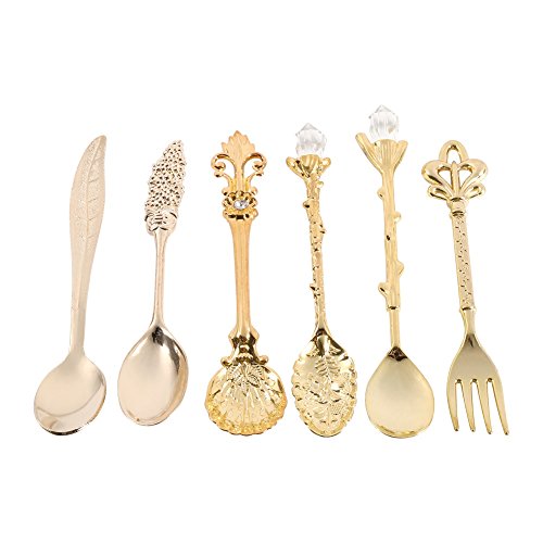 6 Stück/Set Retro Weinlese Art Zink Legierung Geschnitzte Kaffee Eiscreme Frucht Nachtisch Löffel Und Gabel (Farbe : Gold) von Yosoo