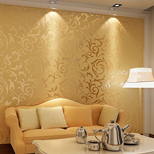 Barock Geprägt Vliestapete Goldene Mode 3D Luxus Wallpaper Strukturierte Tapetenrolle 3D Optik Vlies Rolle Wandtapete Wohnzimmer TV Sofa Hintergrund (Golden) von Yosoo