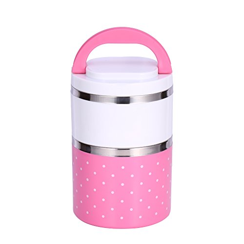 Yosoo 2-lagige Isolierung Thermal Lunch Box Edelstahl Lebensmittel Lagerung Container Portable Box Mit Griff Cute Dot Pattern 1/2/3 Schichten (Farbe : Rosa, Abmessung : 900ML) von Yosoo