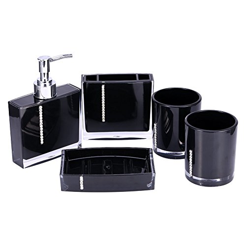 Yosoo 5er Set erstklassig Set (aus hochwertigem Acryl) Bad Lotion Set Flaschenlotion Zahnbürstenhalter Zahnputzbecher Seifenschale Schwarz von Yosoo
