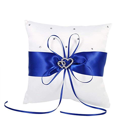 Yosoo Braut Hochzeits Ringkissen Taschen Kissen Träger Mit Doppelten Herzen Dekoration, Elfenbein-Weiß/Rot/Blau/Lila 20cm × 20cm (Farbe : Blau) von Yosoo