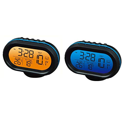 Yosoo Digitales Thermometer denn Voltmeter Uhr Monitor, Außenfühler Stecker Netzteil KFZ Batteriespannungsanzeige und Uhr 12V Alarmfunktion LCD-Anzeige, Blau von Yosoo