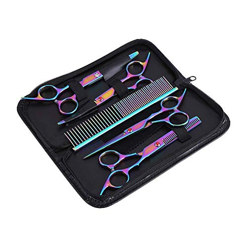 Yosoo Dog Grooming Scissors Farbiges Scheren Set für Tiere, Schere Hund Set Professionelles Fellpflegeset, für Hunde und Katzen 2 gebogene Scheren + Schere mit Ausdünnung + Kamm + Aufbewahrungsbox von Yosoo