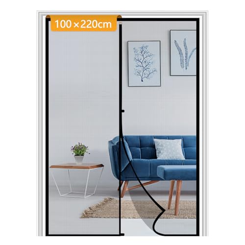 Yotache Fliegengitter Balkontür Magnet 100x220cm Insektenschutz Balkontür Ohne Bohren mit Stollen und Klettverschluss für Haus und Terrasse, Schwarz von Yotache