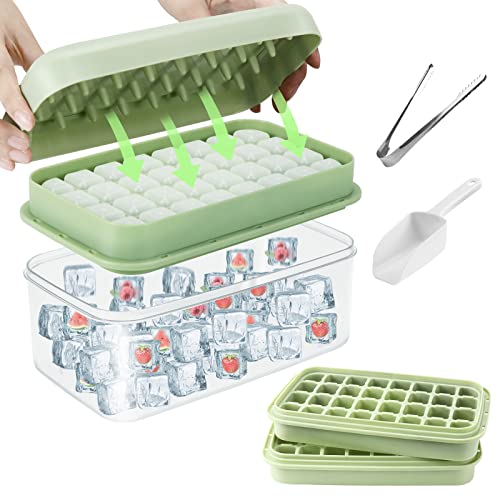 Yotako Eiswürfelform mit Deckel, 2 Set Eiswürfelbehälter Silikon 64 Ice Cube Trays, Schnell Lösbare Eiswürfel, Eiswürfelschalen mit Behälter mit 2 Schaufel & Zange für Getränke Whiskey Babybrei(Grün) von Yotako