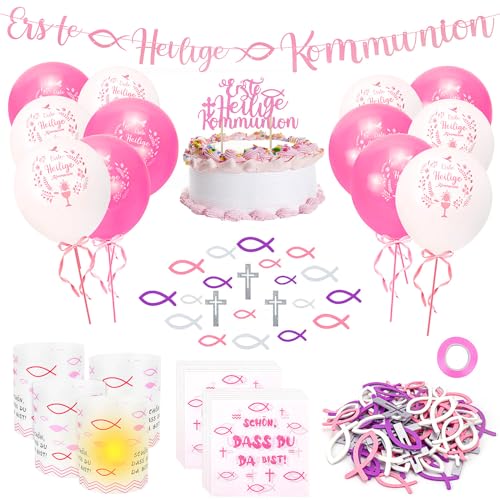 Yotako Kommunion Deko, 135 Stück Konfirmation Deko Mädchen Tischdeko Kommunion, 4 Windlicht Fisch+40 Servietten + 66 Holz Fische Deko+12 Luftballons, Erstkommunion Deko für Servietten Taufdeko(Rosa) von Yotako