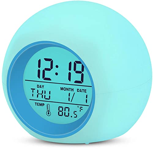 YouJabz Kids Alarm Clock, Kinderwecker 7 Farben ändern Lichtwecker für Jungen Mädchen, Schlummerfunktion, 8 Klingeltöne, 12/24 Stunden, One-Tap-Control, Innentemperaturanzeige von YouJabz