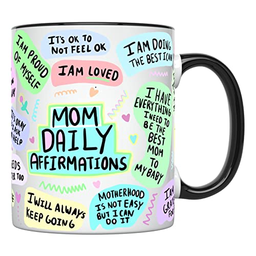 YouNique Designs Daily Affirmations Mom Tasse für Frauen, 325 ml, Selbstpflege Mom Kaffeetasse, nach der Geburt Kaffeetasse, Mental Health Cup, Entspannungstasse (schwarzer Griff) von YouNique Designs