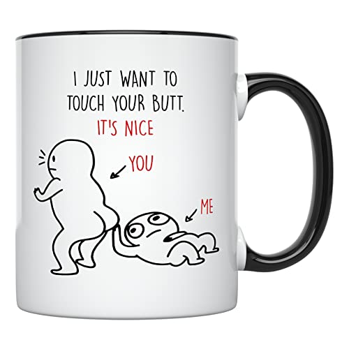 YouNique Designs I Just Want To Touch Your Butt Tasse für Freundin und Freund, 325 ml, Long Distance Relationship Cup, I Love You Kaffeetasse für Sie und Ihn, Jubiläumsbecher (schwarzer Griff) von YouNique Designs