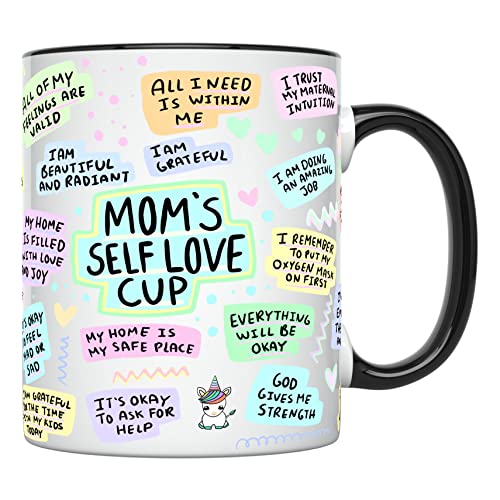 YouNique Designs Selbstpflegende Mama-Tasse für Frauen, 325 ml, tägliche Affirmations-Mama-Kaffeetasse, Postpartum-Mam-Tasse, Kaffeetasse für geistige Gesundheit, Entspannungstasse (schwarzer Griff) von YouNique Designs