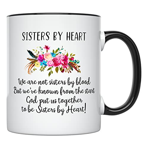 YouNique Designs Tasse mit Aufschrift "Not Sisters by Blood but Sisters by Heart", 325 ml, unbiologische Schwester-Tasse, Soul-Sister-Tasse, Best Friend (schwarzer Griff) von YouNique Designs