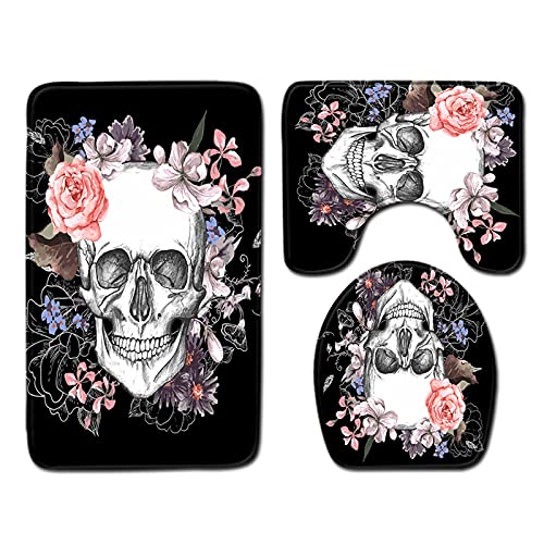 YouTownEU 3 Stück rutschfeste Badematten Set Punk Rock Totenkopf Badematte Sockelmatte Toilettendeckel Abdeckung Matte Toilettenmattenset von YouTownEU