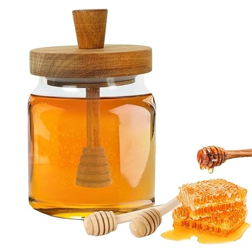 YouXiaor Honigspender, Honigglas mit Deckel Honiggläser mit Löffel Honigvorratsglas Honig Glas Honigtopf Löffel und Holz Deckel Honey Jar Honigbehälter zur Aufbewahrung von YouXiaor