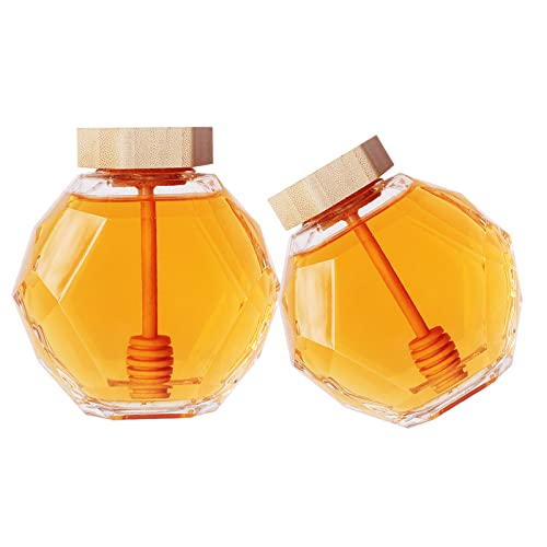 YouYuer Honigspender,2pcs Glas Honigtopf mit Honigbehälter Honig Löffel Honigspender Glasbehälter Honey Dispenser Zum Servieren von Honig und Sirup für Home Küche verwenden(200ml) von YouYuer