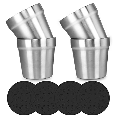 Youda Edelstahl Doppelwandige Tassen + Silikon Coaster(4er Set) Stapelbar, Kaffeetasse/Teetasse/Chillen Biergläser, Edelstahl Becher Ideal für Reisen, Outdoor, Camping, und Jeden Tag, 6Unze(175 ml) von Youda
