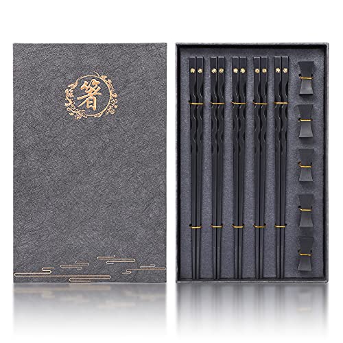 Youda Essstäbchen Wiederverwendbare Chinesische Japanische Alloy Essstäbchen mit Halter, Spülmaschinenfest, Premium-Qualität Essstäbchen Geschenkset (5 Paare) von Youda