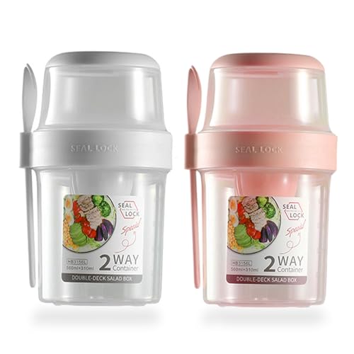Youery 2 Stück Müslibecher to Go mit Löffel, 560ml+310ml Jogurtbecher für Unterwegs,Joghurt to Go Becher,Doppelschicht Auslaufsicherer Joghurtbecher,Salatbecher,Müsli to go Becher für Arbeit,Schule von Youery