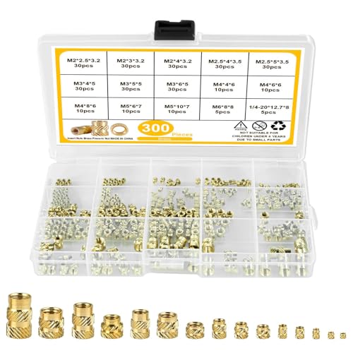 Youery 300 Stk Gewindeeinsatz, M2 M2.5 M3 M4 M5 M6 Einpressmutter Messing Gewindebuchsen Innengewinde Rändelmuttern mit Kunststoff-Box für Kunststoffteile Durch Einschmelzen in 3D Druckteile von Youery