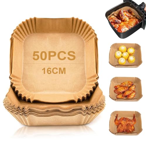 Youery 50 Stück Backpapier für Heißluftfritteuse, 16cm Quadrat Airfryer Backpapier, Antihaft-Einweg-Luftfritteusen Pergamentpapier für Airfryer von Youery