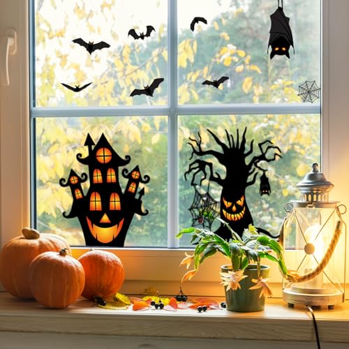 Youery Halloween Fensterbilder, 4 Sheets 63 PCS Halloween FensterAufkleber, Fensterdeko Selbstklebend, Fledermäuse Kürbis Spukhaus Motive, enster Sticker für Dekorationen Party Karneval von Youery