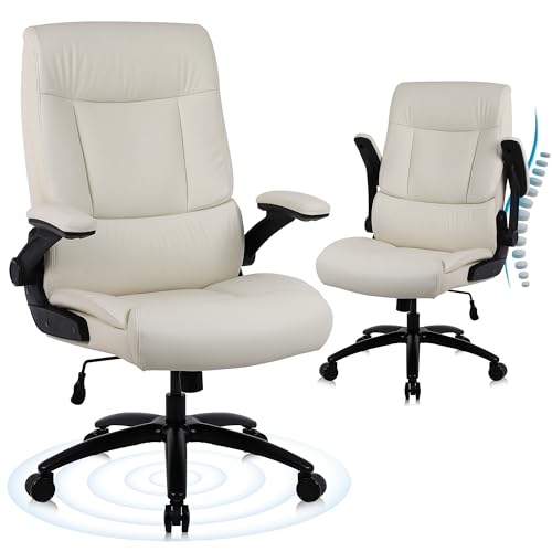 Youhauchair Bürostuhl 200kg für schwere Menschen, Chefsessel aus PU-Leder, Bürostuhl Ergonomisch mit hochklappbarer Armlehne, Schreibtischstuhl Office Chair für Home Office, Beige von Youhauchair