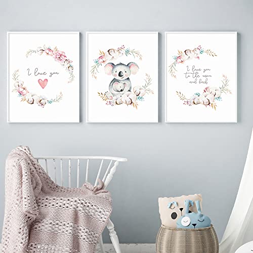 3 Bilder Kinderzimmer Mädchen Boho 30 x 40 cm Koala Poster Baby Babyzimmer Leinwand Wandbild Kinder Bild Schlafzimmer ohne Rahmen von Youihom