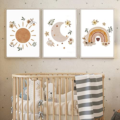 3 Poster Boho Baby Regenbogen Sonne Mond Bilder Beige Dekoration Kinderzimmer Mädchen Jungen Kunstdrucke Wanddekoration Geschenk Leinwand 30 x 40 cm ohne Rahmen von Youihom