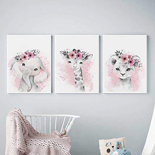 3 Posters Kinderzimmer Dekoration Bilder Giraffe Löwe Elefant Tier Pflanze Rose Blume Kunstdrucke Mädchen Babyzimmer Schmücken Segeltuch 30 x 40 cm ohne Rahmen von Youihom