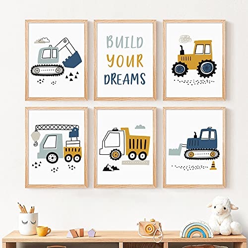 6 Bilder Jungen Kinderzimmer Poster Baufahrzeuge Leinwand Baby Prints for Wall Bild für Babyzimmer Kunstdruck Kinder Leinwand Abstrakte Kunst 21x30cm ohne Rahmen von Youihom