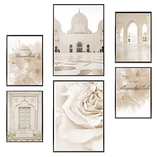 Bilder Moschee Blumen Beige Poster Islamisch Leinwand Wanddeko Modern Wohnzimmer Zitate Schlafzimmer Kunstdruck Gemälde Modern Geschenk ohne Rahmen 4 x (21 x 30 cm) und 2 x (30 x 40 cm) von Youihom