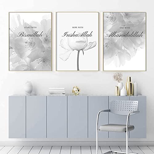 Youihom 3 Bild für Schlafzimmer Modern Islam Posters Bilder Wohnzimmer Grau Poster Kunstdruck Blumen Leinwand Deko 50 x 70 cm ohne Rahmen von Youihom