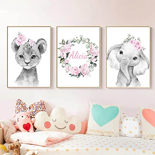 Youihom 3 Bilder Babyzimmer Personalisiert Poster Namen Kinder 30 x 40 cm Wandbilder Kinderzimmer Waldtiere Löwe Elefant Baby Leinwand Blumen Wandbild ohne Rahmen von Youihom