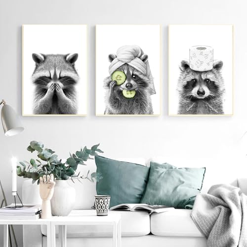Youihom 3 Bilder Tiere Lustig Bilder Toilette Waschbär Foto 40x50 Poster Tiere Schwarz Weiß Witzige Bilder für WC Kunstdruck Badezimmer Deko Wandbild Leinwand Bad (YHH017–40x50 cm) von Youihom