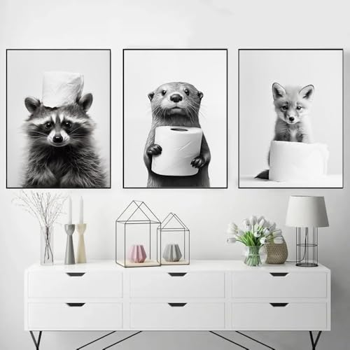 Youihom 3 Bilder Tiere Schwarz Weiß Lustige Poster Toilette WC Foto Lustig Bild für Badezimmer Leinwand Witzige Deko Wandbilder Set Wandkunst Schwarz (YHHH001-30 x 40 cm) von Youihom