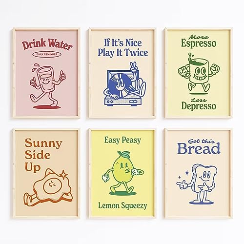 Retro Trendy Wall Art Decor Kitchen Aesthetic Canvas Wall Art Vintage Cute Pictures Funny Green Poster Retro Pink Prints Vintage Gallery Painting Funky Artwork for Room 12x16 Inch Unframed Set of 6 von Youillne