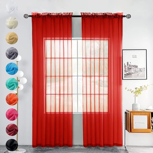 Youleyar 2 Set Sheer Transparente Gardine aus Voile Polyester Stab-Taschenfenster Transparent Vorhänge Wohnzimmer Dekoration für Schlafzimmer W140 X H145 cm Rot von Youleyar