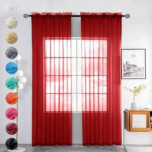Youleyar 2 Set Sheer Transparente Gardine aus Voile Polyester Stab-Taschenfenster Transparent Vorhänge Wohnzimmer Dekoration für Schlafzimmer W140 X H225 cm Weihnachtsrot von Youleyar