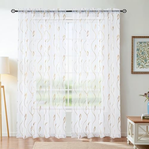 Youleyar Gold Folie Druck Sheer Vorhänge, 2 Panels Wicker Bronze Behandlung Sheer Vorhang, Rod Taschenfenster Behandlung Panels für Schlafzimmer Wohnzimmer, W140 cm x H225 cm Youleyar Gold Folie Druck Sheer Vorhänge, 2 Panels Wicker Bronze Behandlung Sheer Vorhang, Rod Taschenfenster Behandlung Panels für Schlafzimmer Wohnzimmer, W140 cm x H225 cm von Youleyar